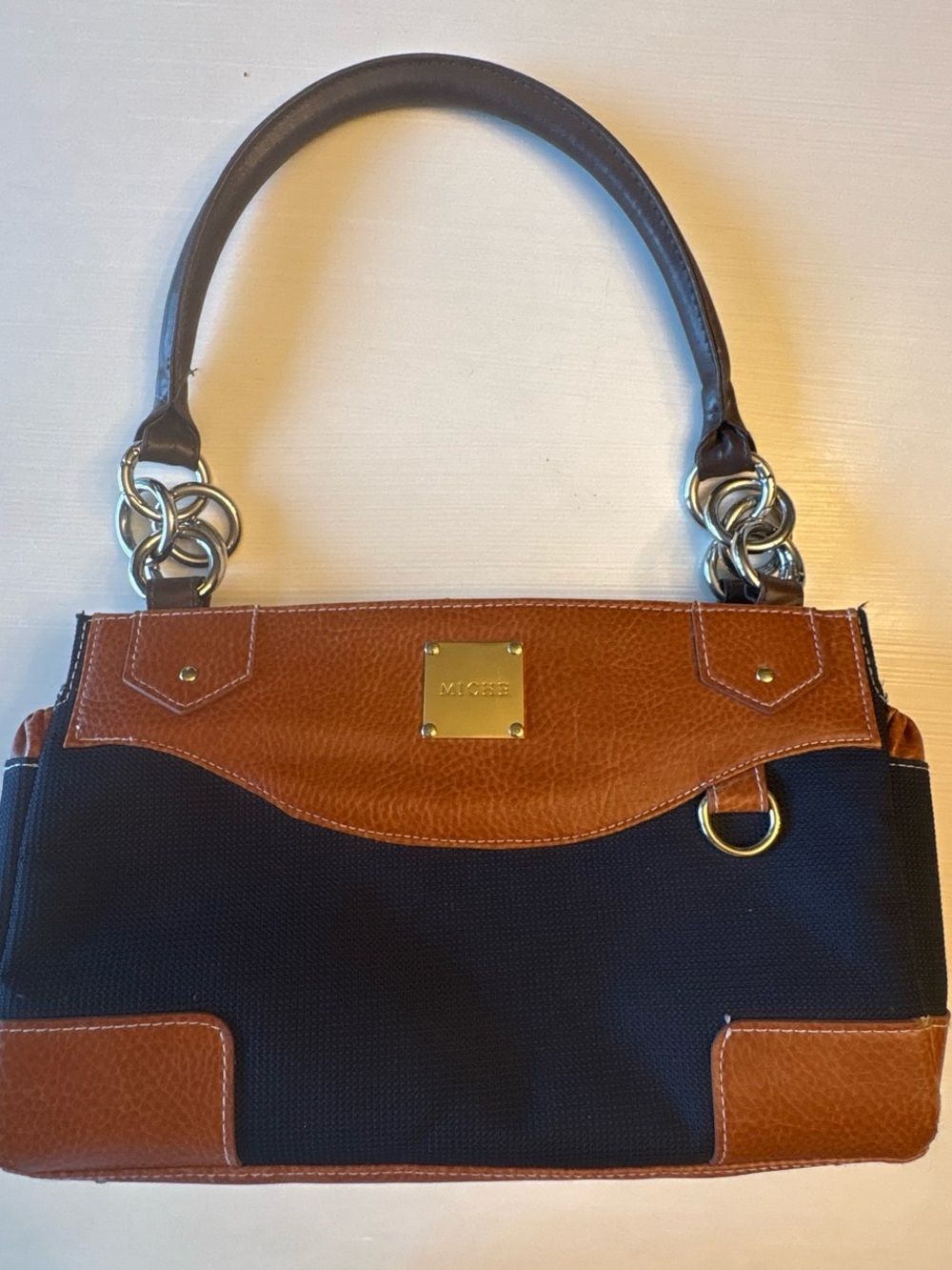 Miche Two-Tone Brown Leather and Black Canvas Shoulder Bag
